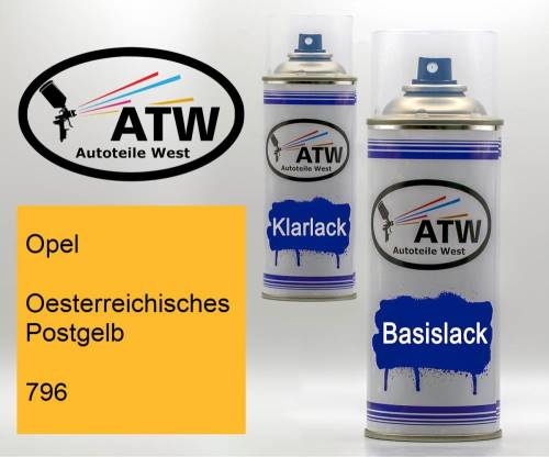 Opel, Oesterreichisches Postgelb, 796: 400ml Sprühdose + 400ml Klarlack - Set, von ATW Autoteile West.